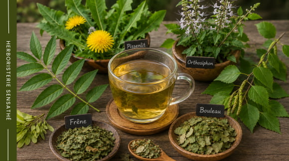 Tisane diurétique naturelle au frêne, pissenlit, orthosiphon et bouleau pour favoriser l'élimination rénale en cas de crise de goutte - Herboristerie Sensathé